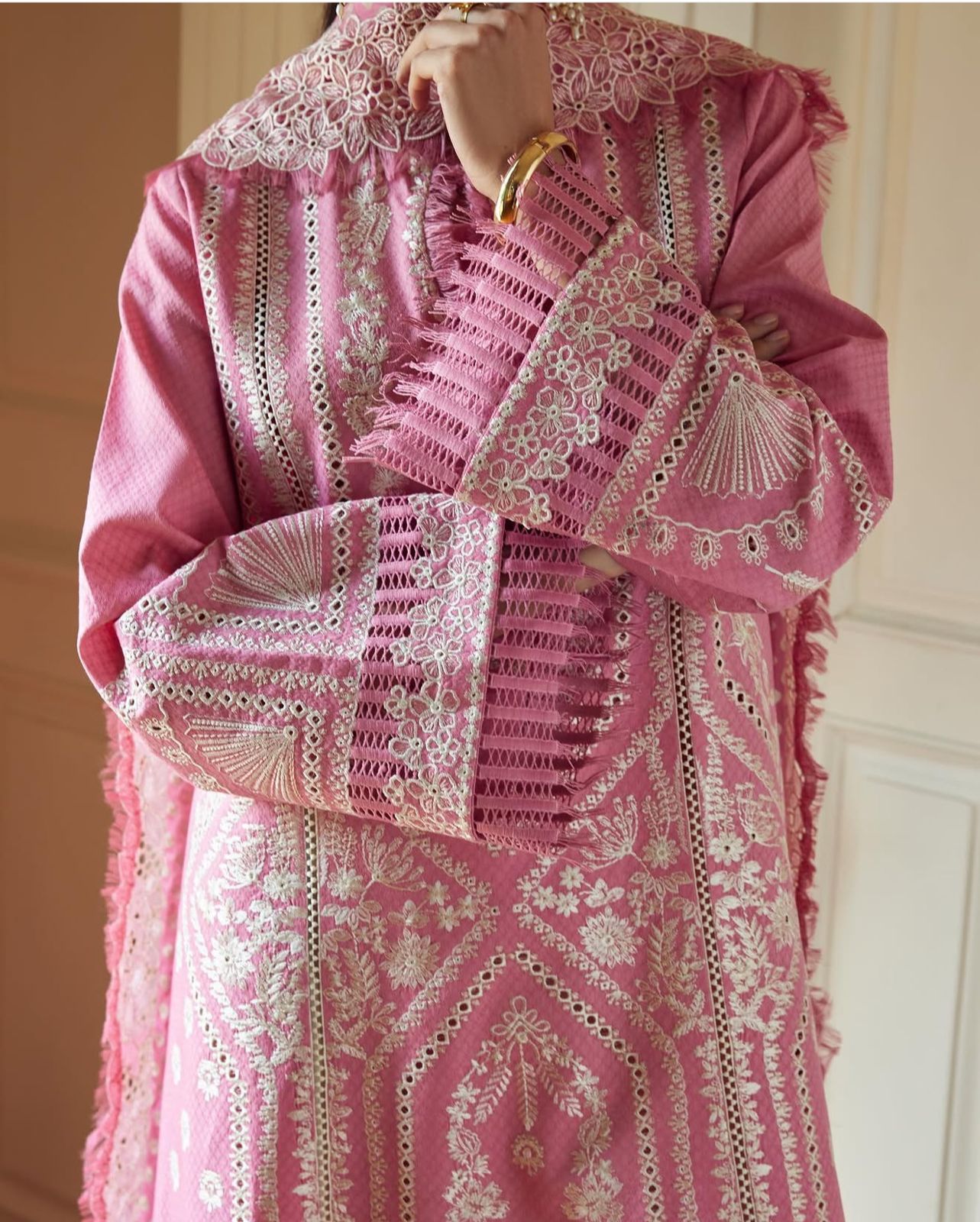 Saad bin shehzad luxury lawn baby pink emb 3pc party wear