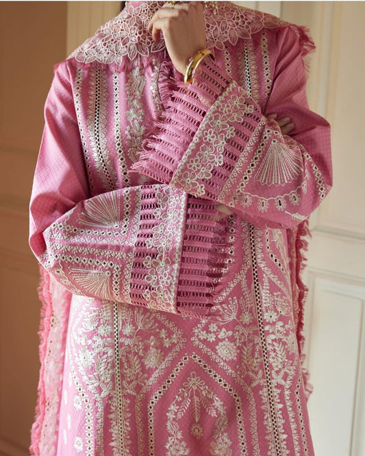 Saad bin shehzad luxury lawn baby pink emb 3pc party wear