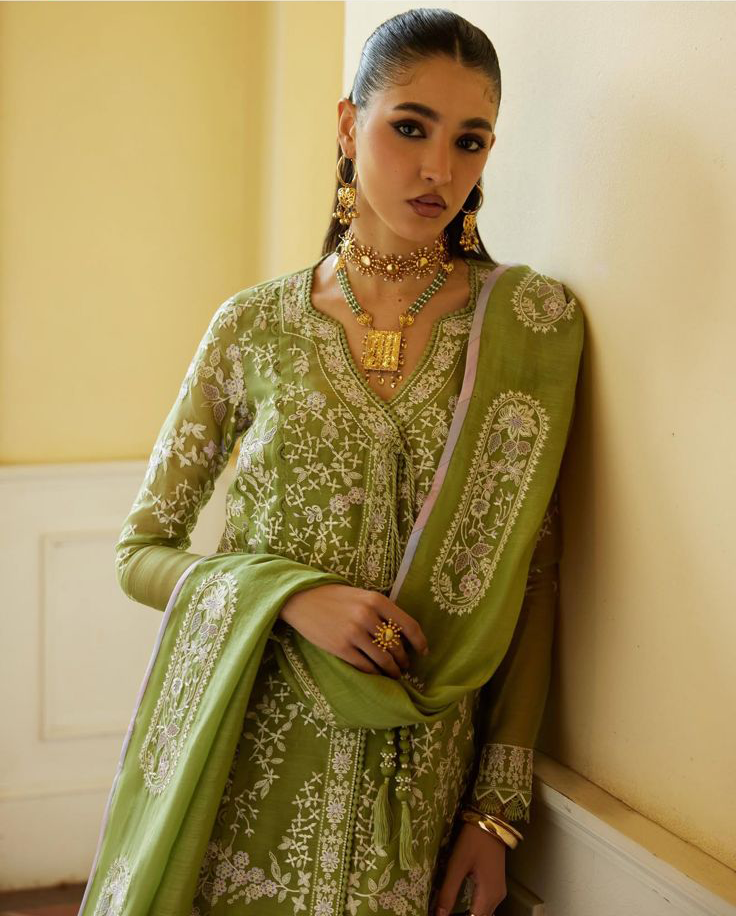 Saad bin shehzad luxury lawn green emb 3pc partywear