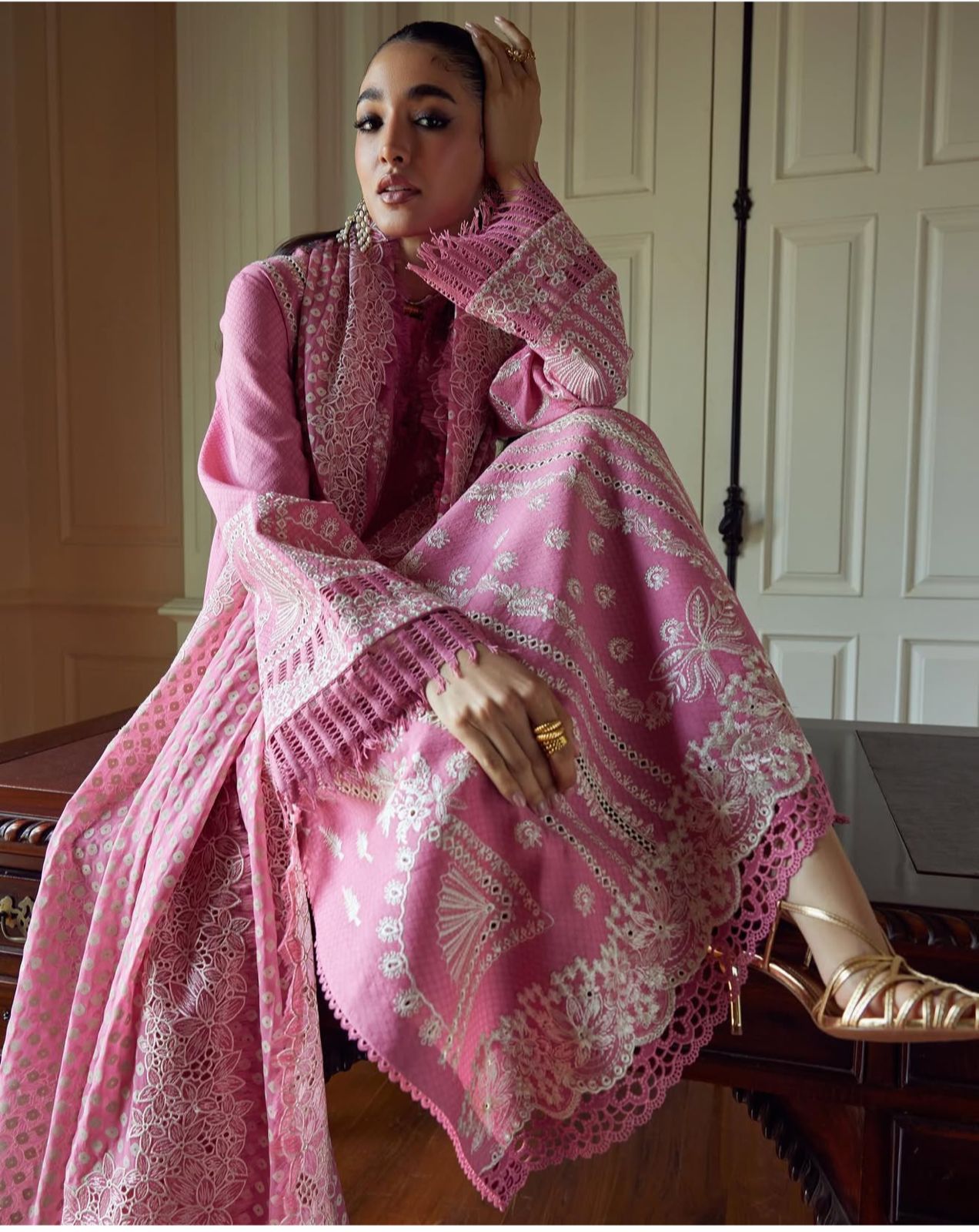 Saad bin shehzad luxury lawn baby pink emb 3pc party wear