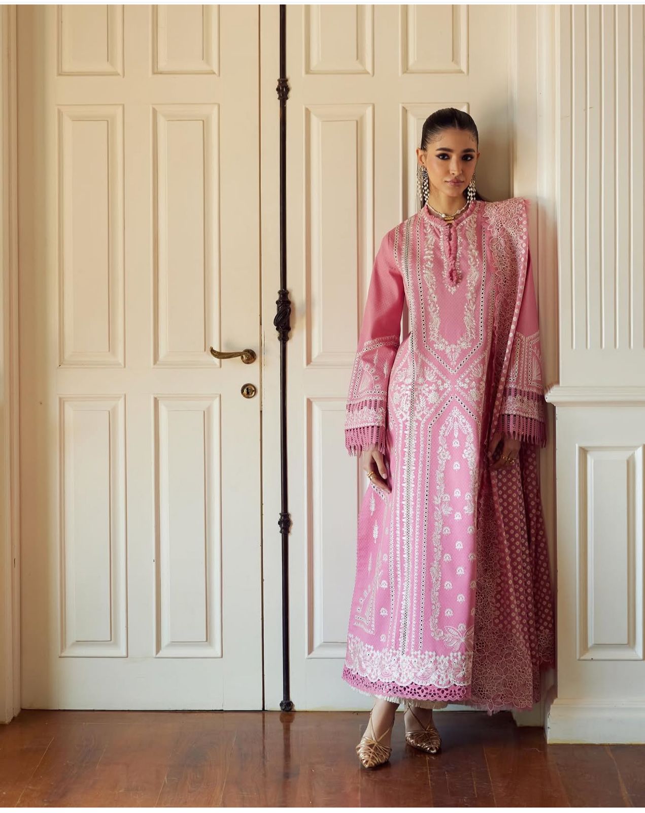 Saad bin shehzad luxury lawn baby pink emb 3pc party wear